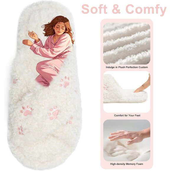 ⚡Women’s White Cat Paw Faux Fur Cozy Fuzzy Cross Band Slippers House Shoes - Picture 3 of 6